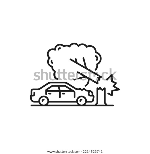 Car damage, crash or collision thin line icon. Car\
traffic violation simple vector icon, vehicle damage in disaster or\
accident sign. Automobile driving safety outline symbol with car\
crashing in tree