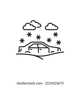 Car Damage In Ice Storm Or Natural Disaster Thin Line Icon. Car Damage By Weather Event Insurance Cover Line Sign. Vehicle Failure Or Collision Outline Vector Icon With Car Stuck In Snow At Snowfall