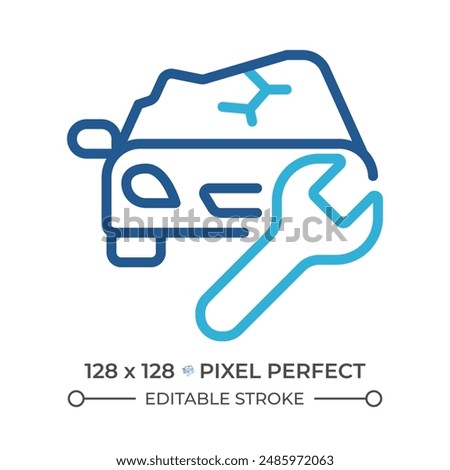 Car damage two color line icon. Collision repair. Accident repair. Vehicle recovery. Crashed car and wrench bicolor outline symbol. Duotone linear pictogram. Isolated illustration. Editable stroke