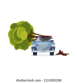 Car damaged by fallen tree. Blue automobile with broken windshield. Flat vector element for advertising banner of insurance service