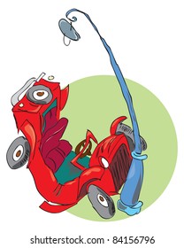 The car is damaged following a collision with the lamp-post. Vector illustration. EPS.