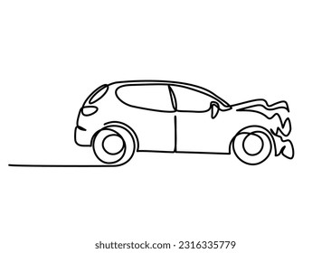 Car damaged front end. Continuous one line drawing. Vector illustration