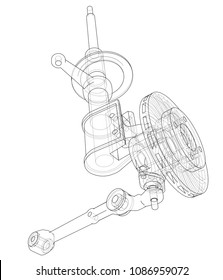 Car Dampers With Brake Disc Outline. Vector Rendering Of 3d. Wire-frame Style. The Layers Of Visible And Invisible Lines Are Separated