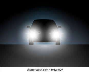 The car in the dark with the included headlights. Vector illustration.