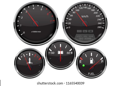 Car dashboard 3d gauges. Speedometer, tachometer, fuel gauge, temperature and accumulator charge device. Vector illustration isolated on white background