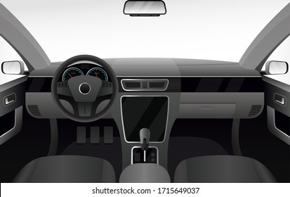 Car dashboard, auto salon interior vector illustration. Cartoon flat automobile cabin with windshield, armchair seats, speedometer dash control panel and steering wheel. Inside car dark background