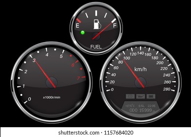 Car Dashboard Black Gauges Set. Speedometer, Tachometer, Fuel Gauge. Vector 3d Illustration