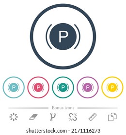 Car dashboard brake warning indicator flat color icons in round outlines. 6 bonus icons included.
