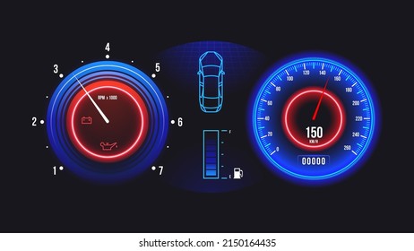Car dashboard. Electric automobile speedometer odometer and tachometer gauges with fuel and oil level indicators. Vector illustration. Illuminated vehicle display for speed measurement