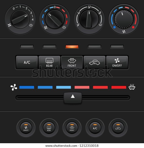 Car dashboard elements with black push\
buttons and level slider. Vector 3d\
illustration