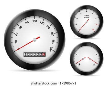 Car dashboard elements on a white background.