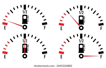 Car dashboard fuel gauge showing empty, quarter, half and full needles