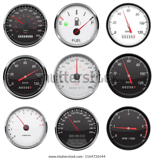 Car dashboard gauges.\
With metal frame. Collection of speed, fuel devices. Vector 3d\
illustration