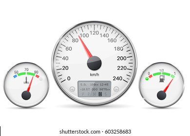 Car dashboard gauges with metal frames. Speedometer, fuel gauge and engine thermometer. Vector 3d illustration isolated on white background