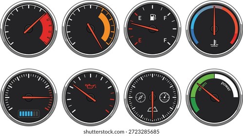Taquímetro, velocímetro, Ilustración vectorial, temperatura, batería, presión de aceite, indicadores de regen de potencia, indicador de presión del salpicadero del coche