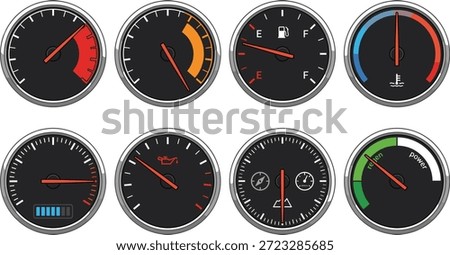 Car dashboard gauges vector illustration, tachometer, speedometer, fuel, temperature, battery, oil pressure, power regen indicators