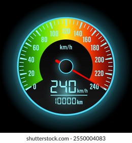 Tablero de instrumentos del coche con alta velocidad. Exhibición del panel del coche. Salpicadero del velocímetro del coche. Tacómetro u odómetro. Concepto de alta velocidad. Ilustración vectorial.