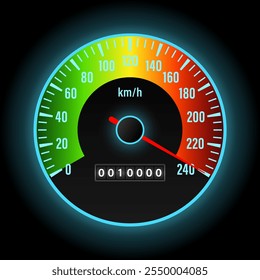 Tablero de instrumentos del coche con alta velocidad. Exhibición del panel del coche. Salpicadero del velocímetro del coche. Tacómetro u odómetro. Concepto de alta velocidad. Ilustración vectorial.