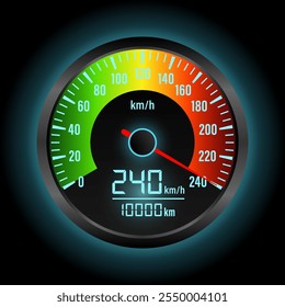 Tablero de instrumentos del coche con alta velocidad. Exhibición del panel del coche. Salpicadero del velocímetro del coche. Tacómetro u odómetro. Concepto de alta velocidad. Ilustración vectorial.