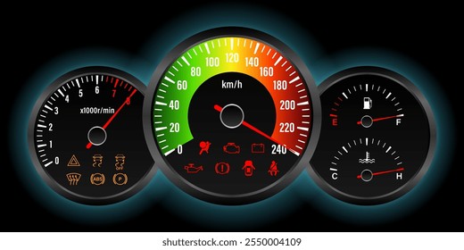 Car Dashboard with High Speed. Car Panel Display. Car Speedometer Dashboard. Tachometer or Odometer Display. High Speed Concept. Vector Illustration.
