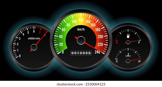 Car Dashboard with High Speed. Car Panel Display. Car Speedometer Dashboard. Tachometer or Odometer Display. High Speed Concept. Vector Illustration.