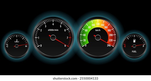 Tablero de instrumentos del coche con alta velocidad. Exhibición del panel del coche. Salpicadero del velocímetro del coche. Tacómetro u odómetro. Concepto de alta velocidad. Ilustración vectorial.