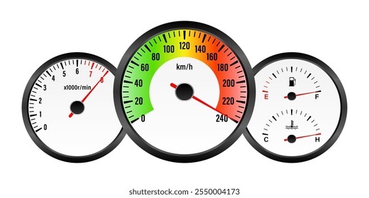 Car Dashboard with High Speed. Car Panel Display. Car Speedometer Dashboard. Tachometer or Odometer Display. High Speed Concept. Vector Illustration.