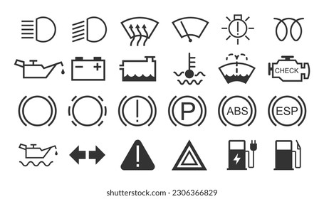 Juego de iconos del panel de mandos del coche. Servicio del vehículo y colección de señales luminosas con símbolo de advertencia. Imagen de la ilustración del vector.