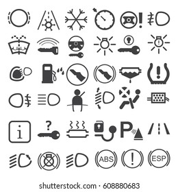 Car Dashboard Icons On The White Background. Vector Illustration