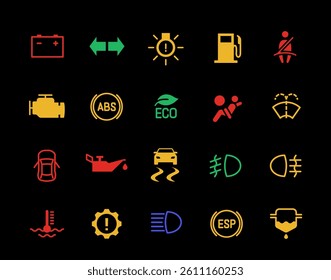 Car dashboard icons set. Colorful signs with battery, seat belt, motor oil and turn signal arrows. Design elements for Vehicle service. Flat vector illustration collection isolated on background