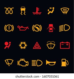 Car dashboard icons set isolated on black background. Icon pack car information pictograms. Vector illustration