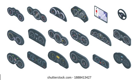 Car dashboard icons set. Isometric set of car dashboard vector icons for web design isolated on white background