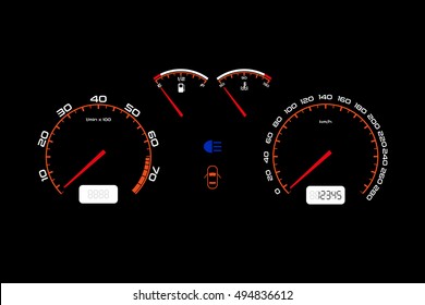 Car dashboard, illuminated panel, speed display, vector illustration