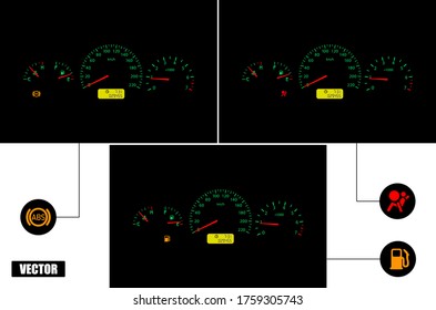 Tablero de coches con indicadores: ABS, airbag, combustible. Un conjunto de tres paneles. Realista. Vector.