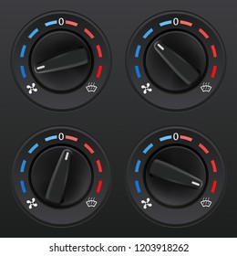 Car dashboard knob switch set. Auto air conditioner. Temperature selectors. Vector 3d illustration
