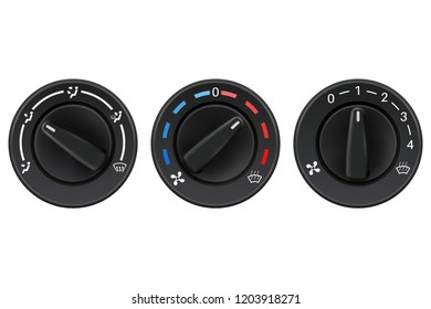 Car dashboard knob switch set. Auto air conditioner. Vector 3d illustration isolated on white background