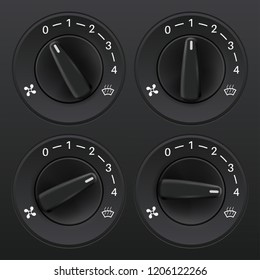 Car dashboard knob switch set. Air flow level selectors. Vector 3d illustration