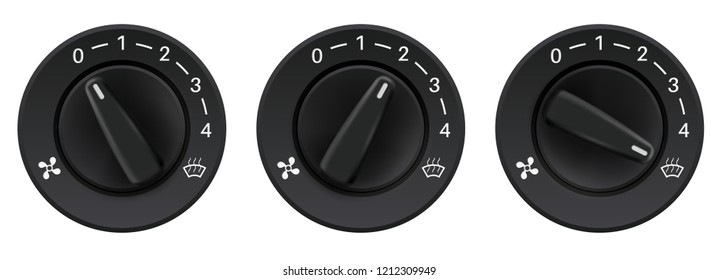 Car dashboard knob switches. Auto air conditioners. Air flow level selectors. Vector 3d illustration isolated on white background