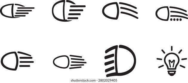 Car dashboard light icon set with dipped beam, LED indicators and vehicle lamp warning symbols.