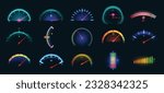 Car dashboard meter designs. Colorful speedometer, fuel gauge and battery level indicators vector illustration set. Panel control on vehicle, energy indicator for sport auto, illuminated interface