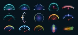 Car Dashboard Meter Designs. Colorful Speedometer, Fuel Gauge And Battery Level Indicators Vector Illustration Set. Panel Control On Vehicle, Energy Indicator For Sport Auto, Illuminated Interface