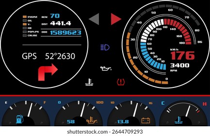 Painel de carro controle de automóvel moderno iluminado painel velocidade exibição vetor ilustração.