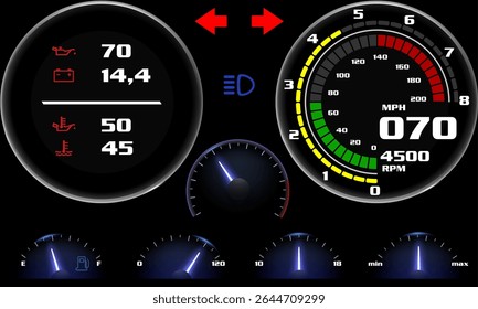 Painel de carro controle de automóvel moderno iluminado painel velocidade exibição vetor ilustração.
