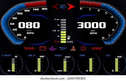 Painel de carro controle de automóvel moderno iluminado painel velocidade exibição vetor ilustração.