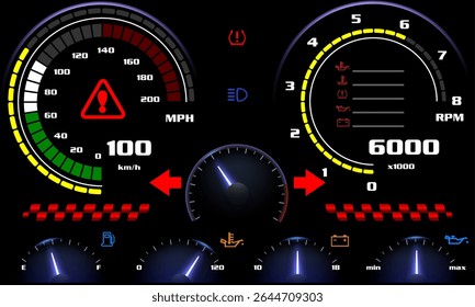 Painel de carro controle de automóvel moderno iluminado painel velocidade exibição vetor ilustração.