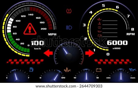 Car dashboard modern automobile control illuminated panel speed display vector illustration.