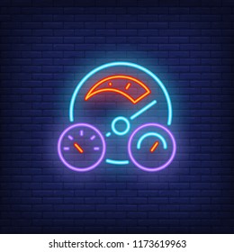 Car dashboard neon icon. Control panel on brick wall background. Auto racing concept. Vector illustration can be used for neon signs, billboards, formula posters