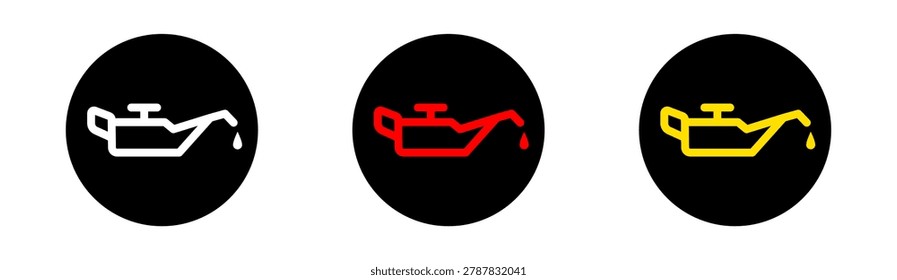 Car dashboard oil pressure warning light glyphs represent low oil levels or system malfunctions, displayed in white, red, and yellow on a black background for UI design.