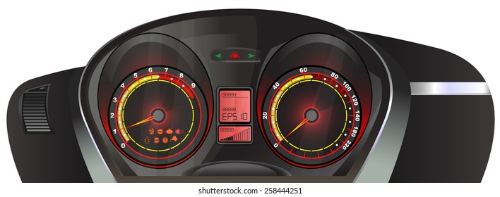 The car dashboard on isolated background. Red lights.