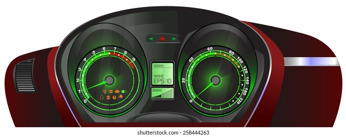 The car dashboard on isolated background. Green lights.
